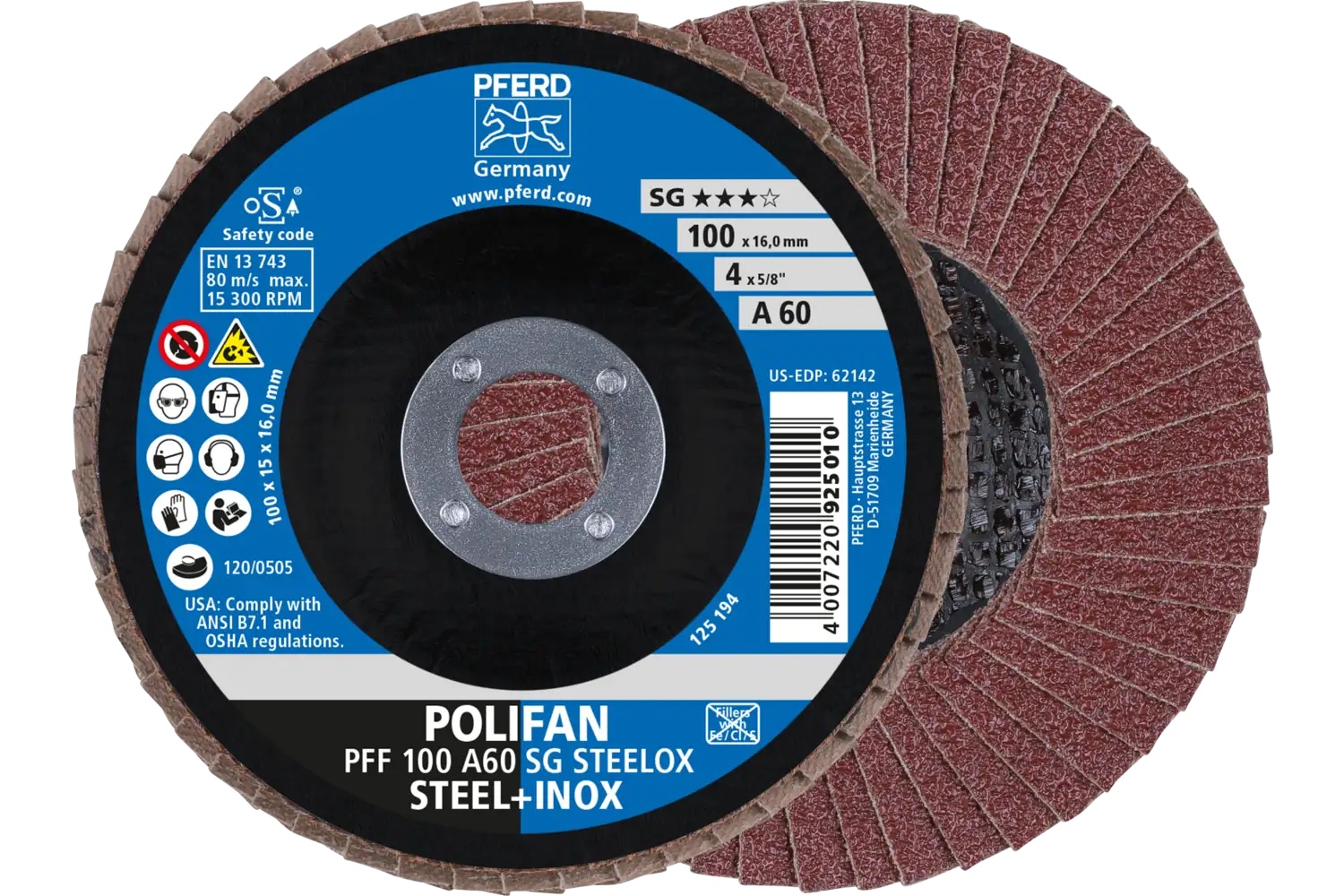 Picture of Pferd Flap Disc, 4" x 5/8, A SG Steelox, 60 Grit, T27, Flat, Aluminum oxide